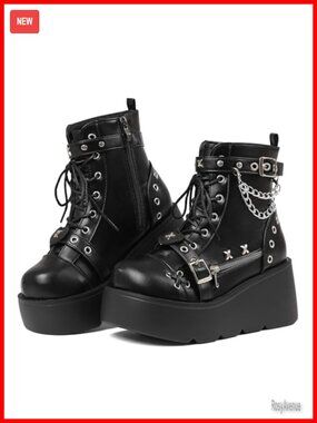 Platform Combat Boots with Side Zip and Buckle Chunky Heel Gothic Moto Boots